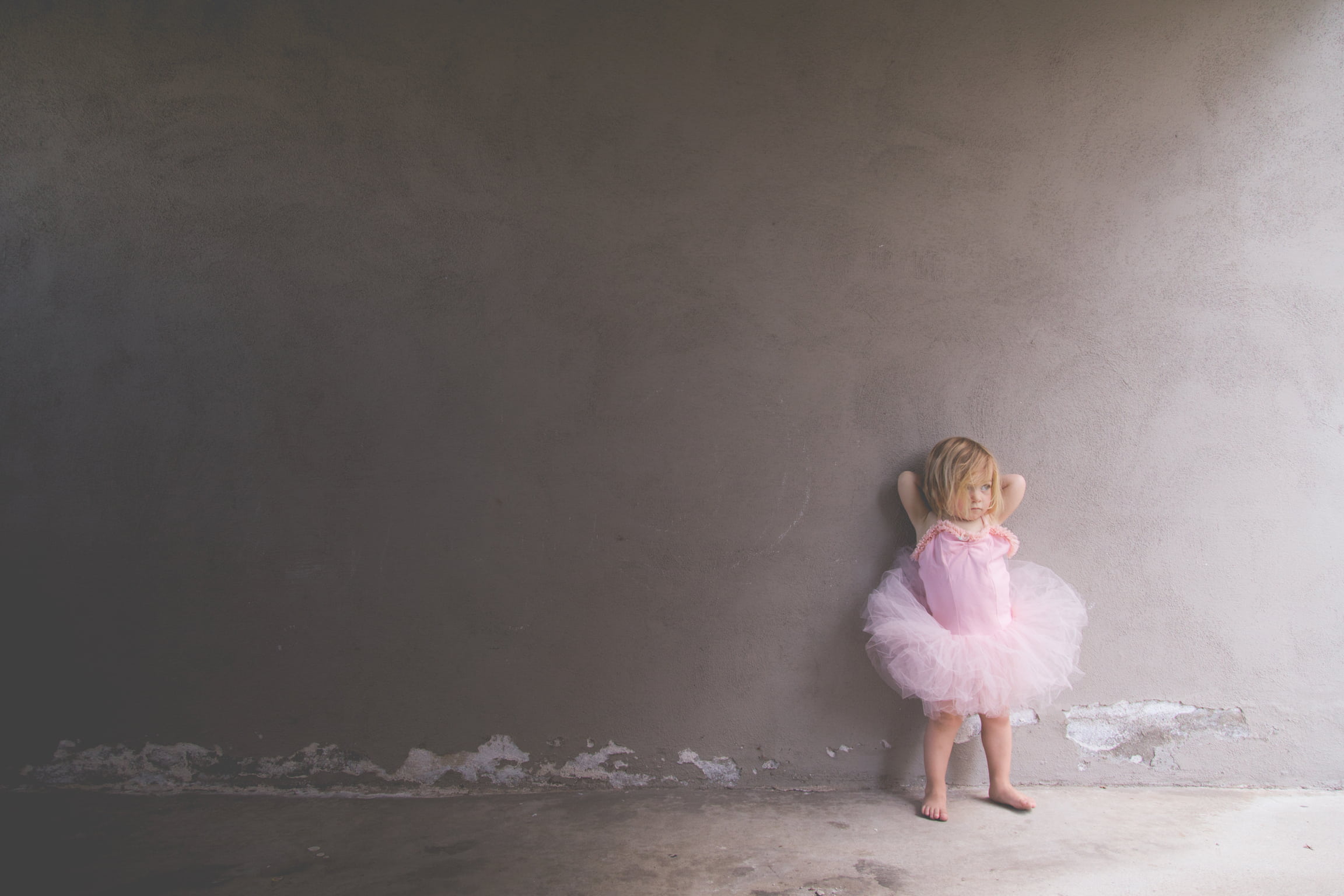 pink, wearing, looking, ballet, childhood, people, barefoot, girl, contemplation, toddler, offspring, dress, one person, ballerina, child, cute, wall, innocence, HD Wallpaper