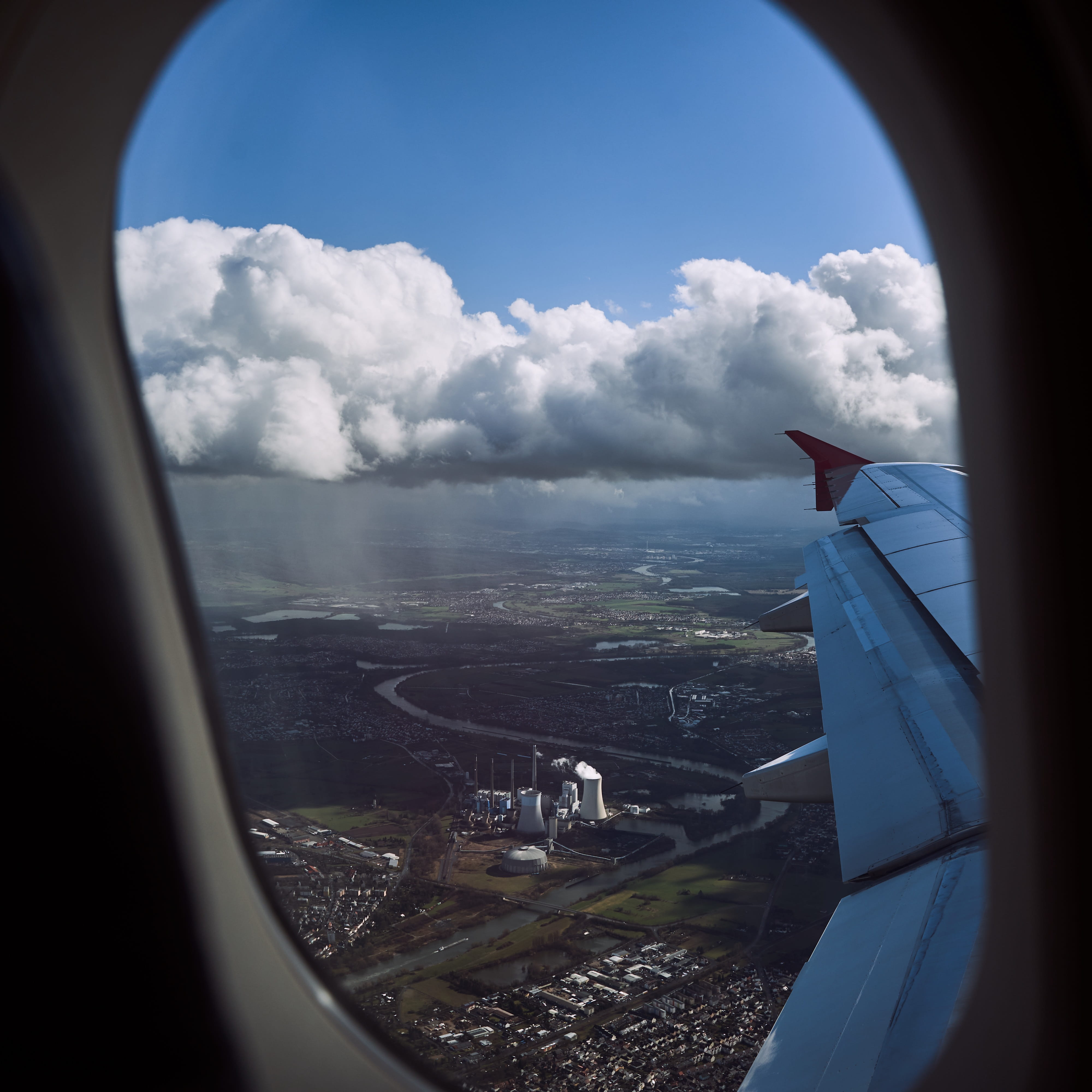 cloud - sky, lighting, wing, main, aircraft, landscape, travel, outdoors, sky, air, city, aviation, mode of transportation, aircraft wing, day, building exterior, Phone HD Wallpaper