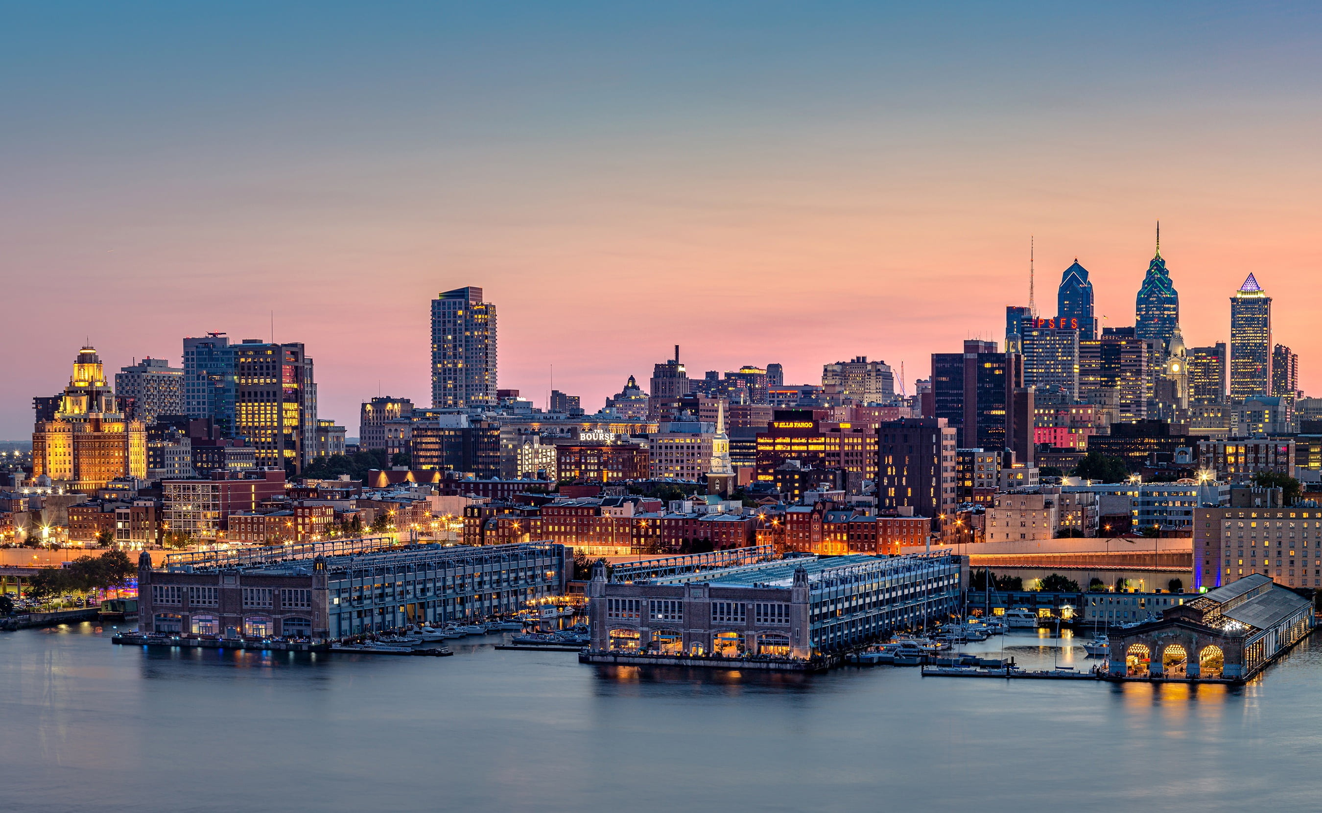 USA, Philadelphia, piers, the sky, PA, home, the evening, lights, building, skyscrapers, sunset, panorama, river, promenade, 2K, HD Wallpaper