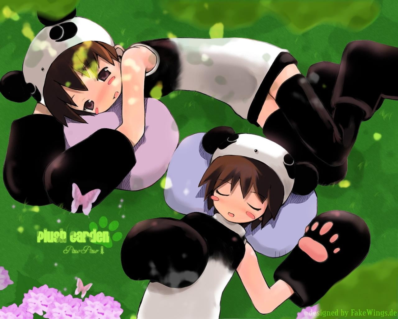 fatigue, high angle view, girls, costume, green color, garden, panda, digital, representation, people, plush, childhood, multi colored, nature, day, still life, HD Wallpaper