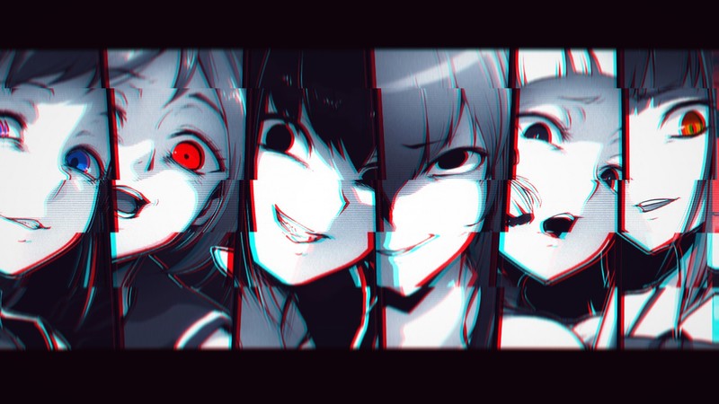 anime girls, glitch art, anime, collage, red eyes, dark eyes