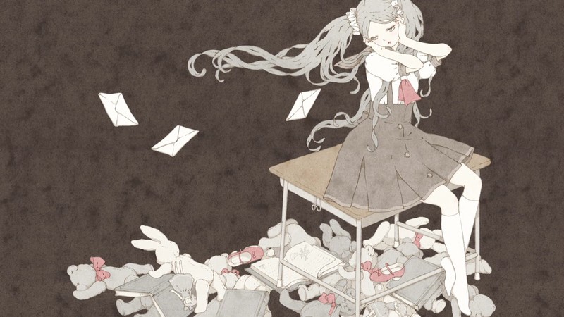 anime, anime girls, Monogatari Series, artwork, white skin, Sodachi Oikura, paper, school uniform, white hair, dark background