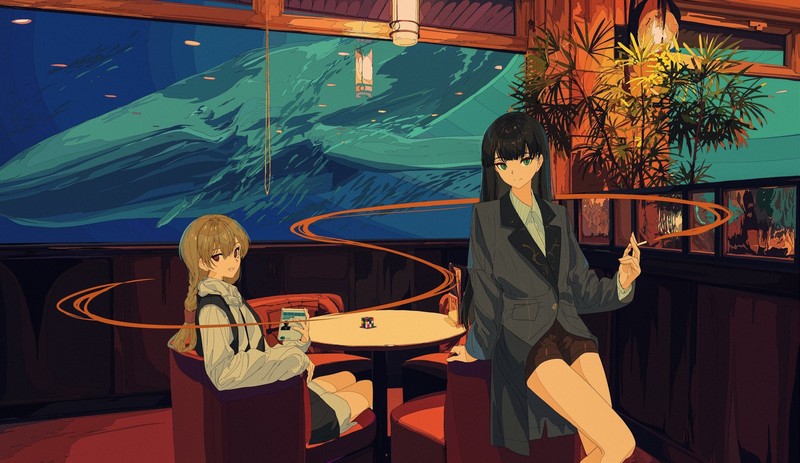 whale, desk, skirt, smoke, cigarettes, original characters, smoking