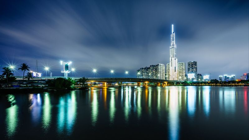 night city, buildings, architecture, river, lights, 4k