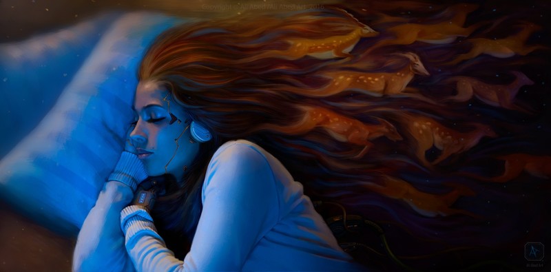 digital art, women, hair, sleep, robot, artwork, painting, fantasy art, futuristic, science fiction, animals