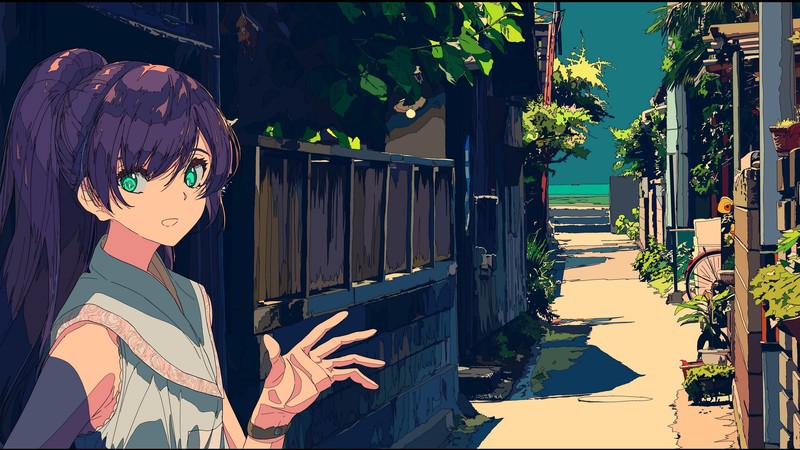 original characters, street, sky, plants
