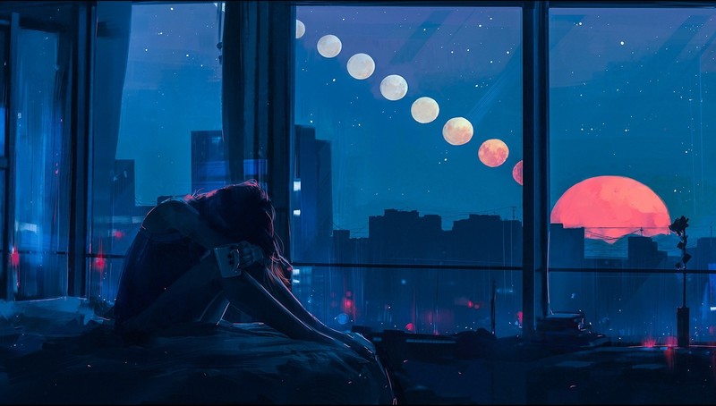 digital art, illustration, women, window, room, night, Sun, artwork, painting, alone, Aenami, city, landscape, environment, drawing, women indoors
