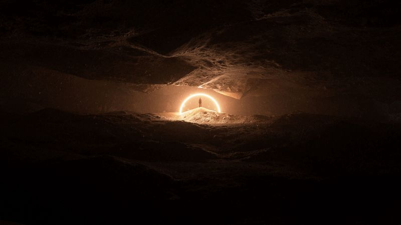 cave, silhouette, glow, circle, dark, 4k
