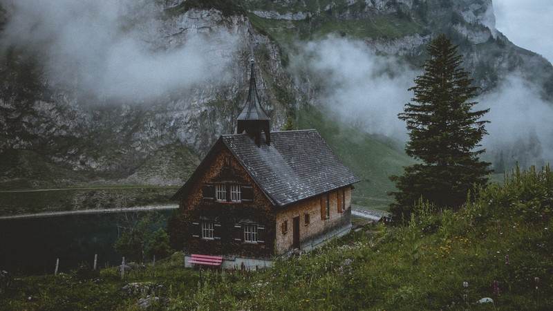 temple, church, lake, mountains, Switzerland