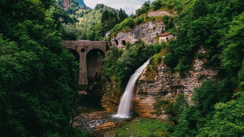 waterfall, trees, bridge, green, water, Italy, mountains, rock