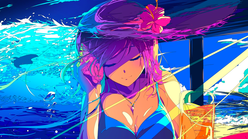 anime, manga, anime girls, minimalism, beach, summer, pink hair, blue, sea, blue swimsuit, beer