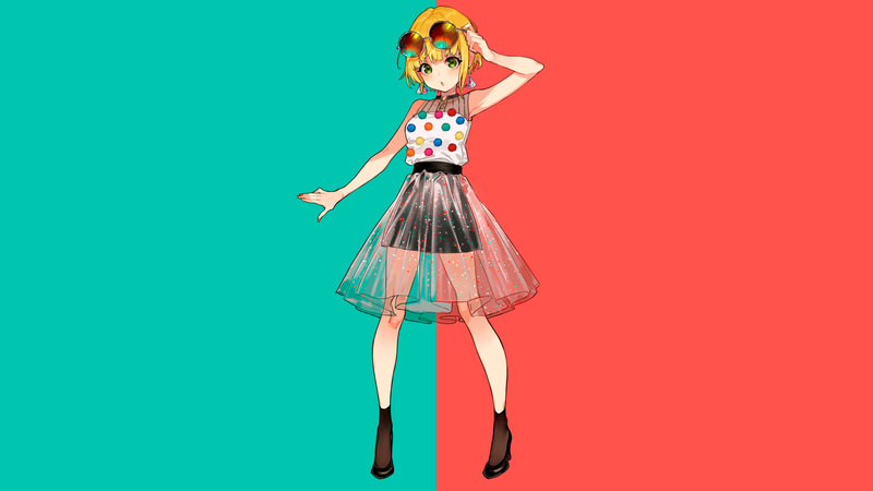 anime, manga, anime girls, minimalism, simple background, colorful, green, red, meganekko, blonde