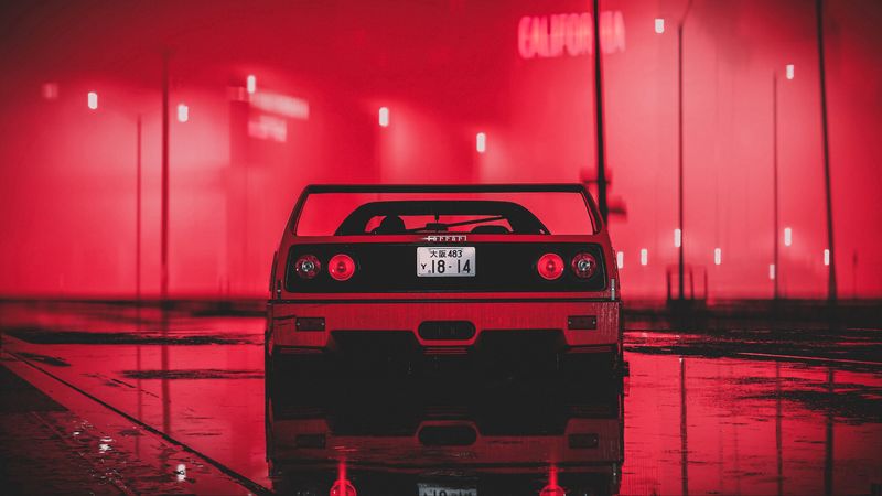 ferrari, sportscar, red, wet, neon, night, 4k