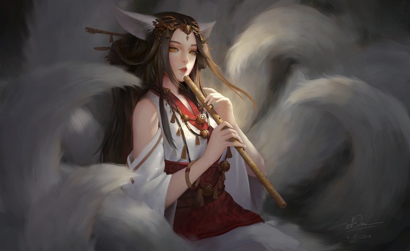fantasy art, fox girl, flute, Dao Le Trong