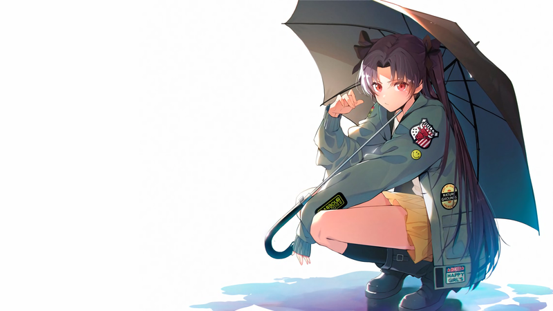 anime, manga, anime girls, minimalism, simple background, umbrella, pigtails, Tohsaka Rin, Fate/Grand Order, Fate Series