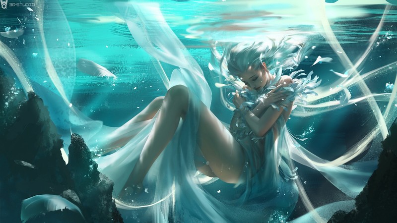 fantasy art, underwater, fantasy girl, legs, turquoise, cyan