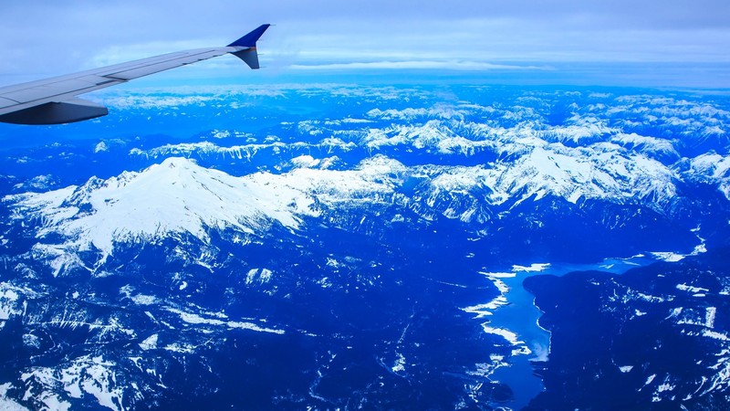 airplane, airplane wing, mountains, peak, Washington, USA, blue, snowy peak