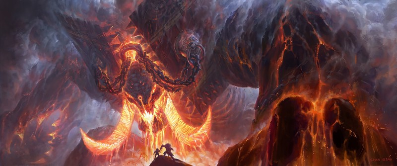 artwork, fantasy art, creature, lava, giant, chains, digital art, drawing, illustration