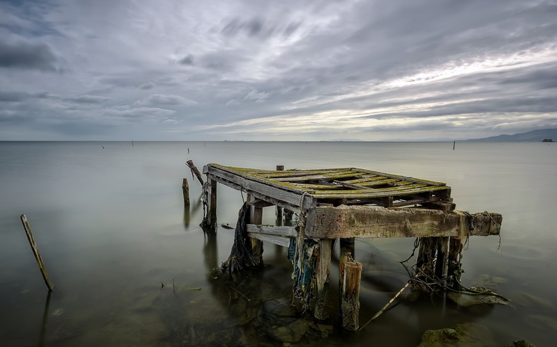 sea, nature, overcast, horizon, pier, abandoned