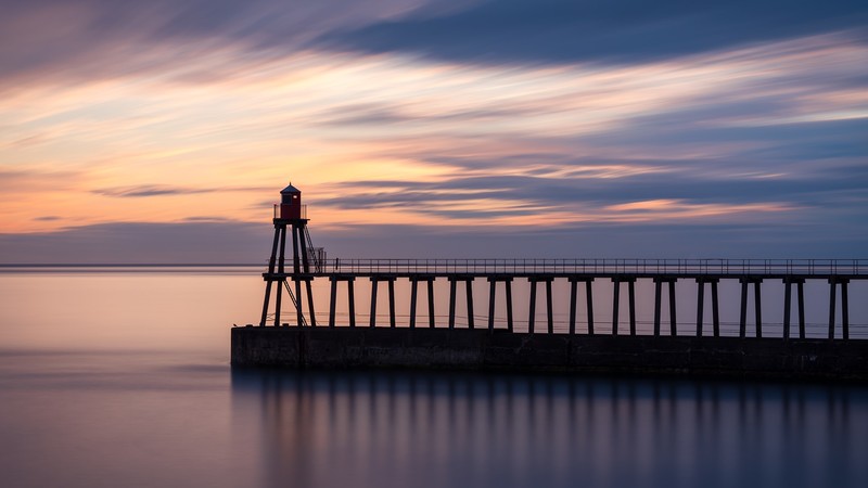 pier, sky, water, sea, sunrise, clouds, landscape, long exposure