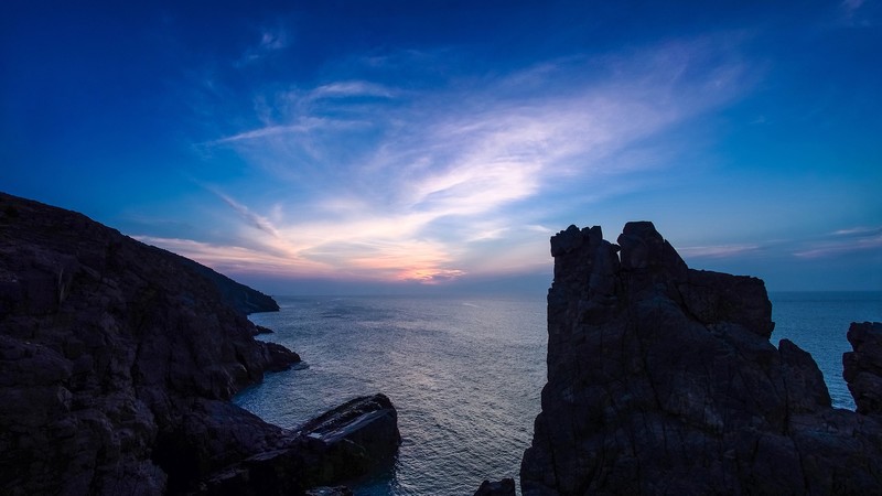 sea, horizon, rocks, cliff, blue, water