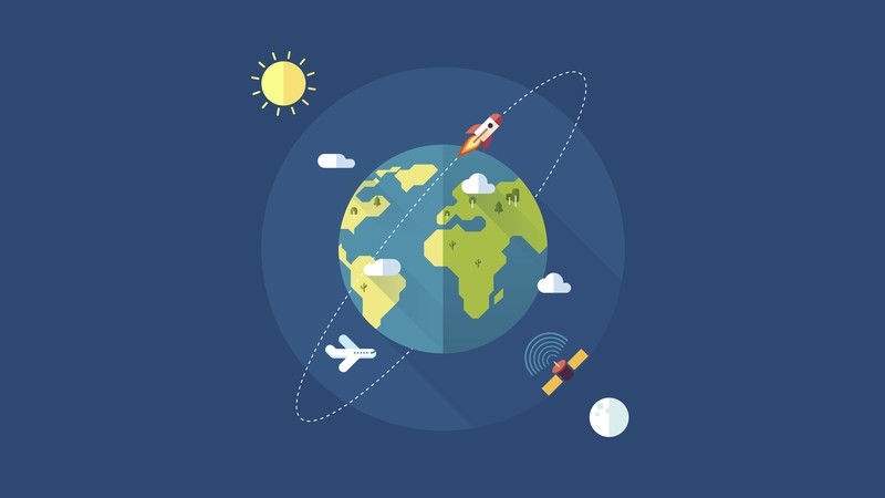 minimalism, Earth, Sun, Moon, rocket, airplane, satellite, continents, simple background