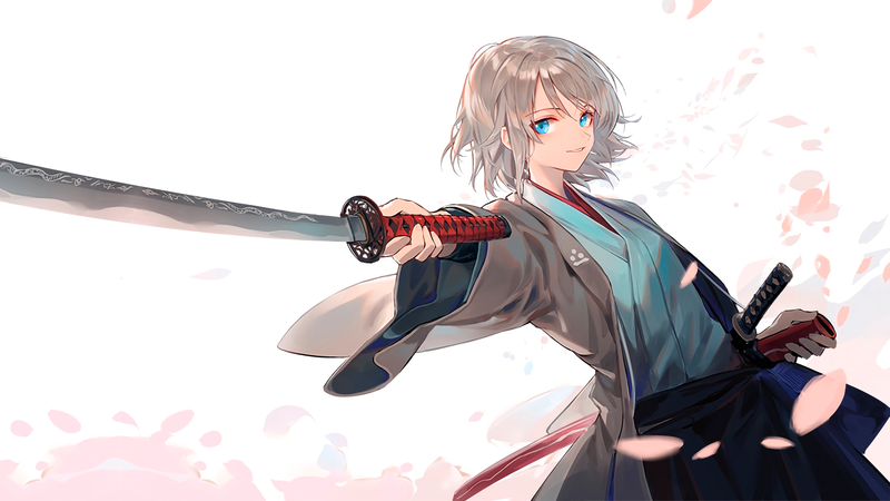 anime, manga, anime girls, white background, samurai, katana, kimono, gray hair