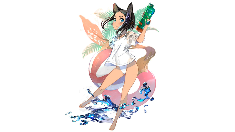anime, manga, anime girls, minimalism, white background, nekomimi, water guns, beach, summer