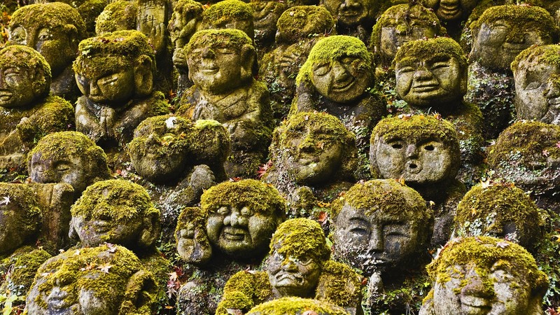 face, artwork, moss, Kyoto, Japan, sculpture, stone, temple, ancient, head