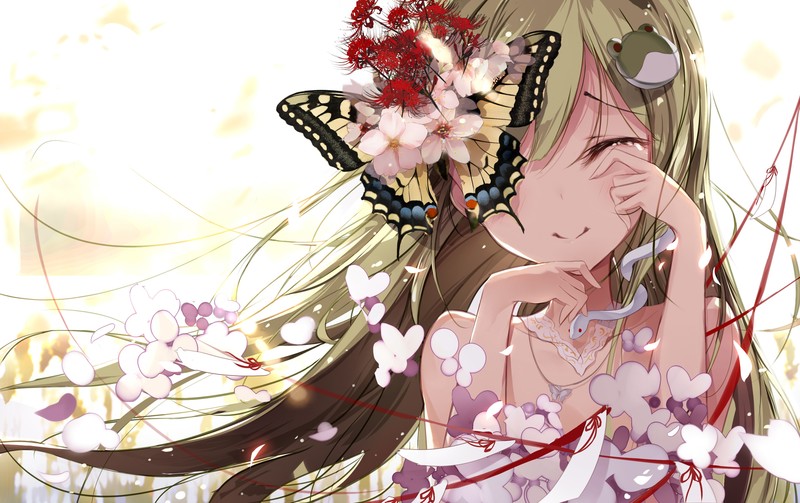 anime, anime girls, fallen heaven, simple background, white background, Touhou, Kochiya Sanae, looking at viewer, long hair, green hair, closed eyes, smiling, dress, crying, bare shoulders, snake, butterfly, flowers