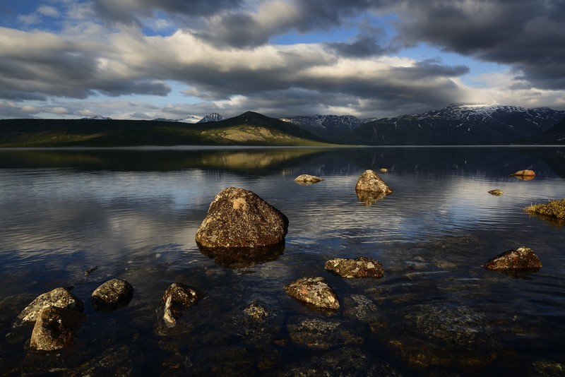 landscape, rocks, lake, mountains, clouds