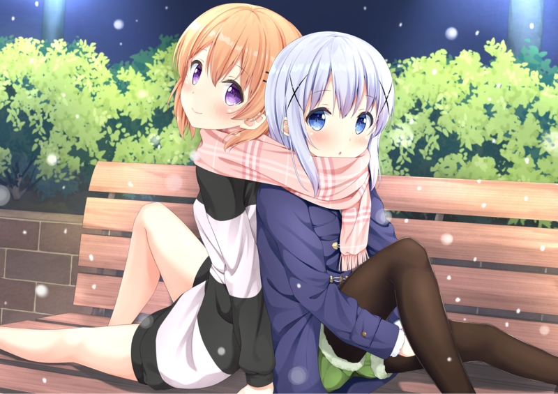 anime, anime girls, Gochuumon wa Usagi Desu ka, Gochuumon wa Usagi Desu ka?, white skin, Hoto Kokoa, Kafuu Chino, artwork, park, night, winter
