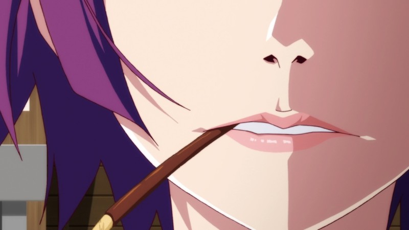 anime, Monogatari Series, anime girls, white skin, Senjougahara Hitagi, lips, minimalism, film stills, purple hair, face