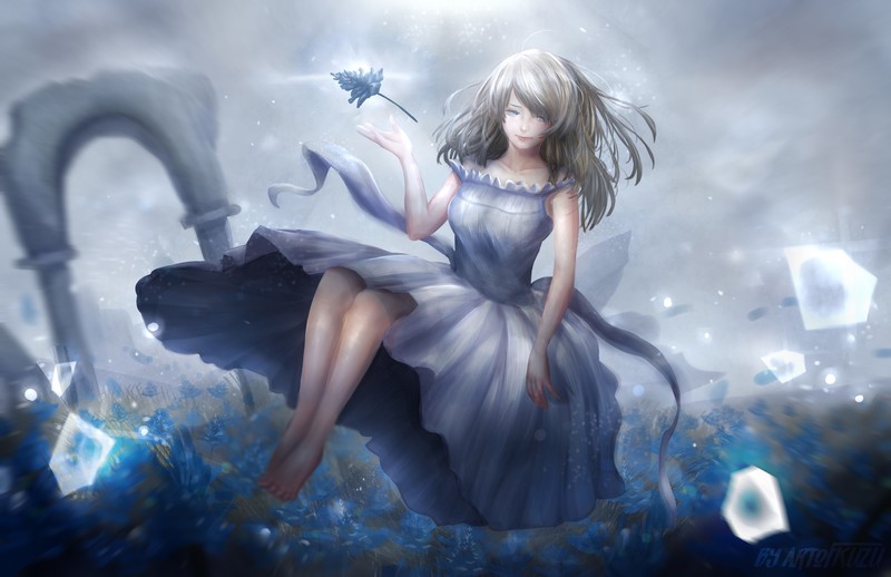 fantasy art, magic, fantasy girl, anime girls, anime, long hair, dress, legs, barefoot