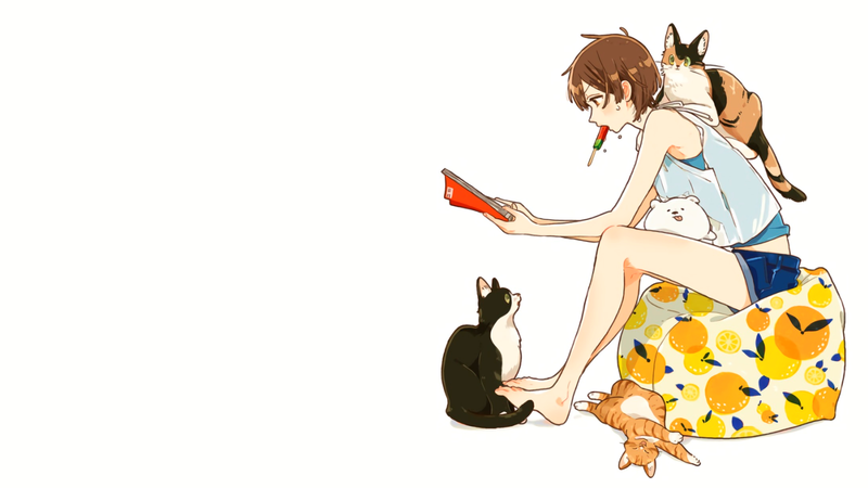 anime, manga, anime girls, cats, Pets, reading, ice cream