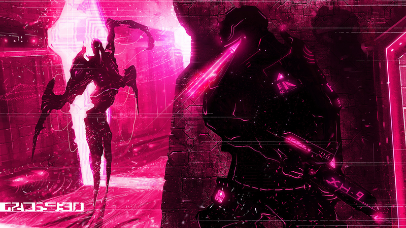 digital art, soldier, gun, pink, magenta, fictional creatures