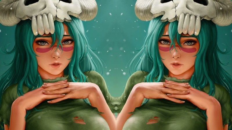 anime girls, green hair, distortion, symmetry, Bleach, green, cyan hair