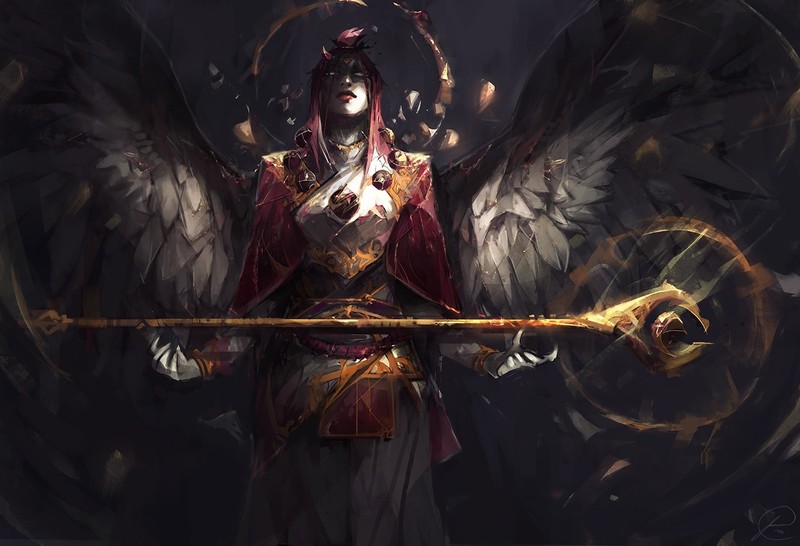 women, armor, angel, staff, wings, Jason Nguyen