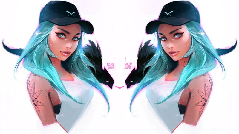women, cyan, symmetry, white tops, white background, white, Ross Tran