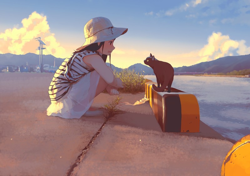 hat, river, sunset, original characters, anime girls