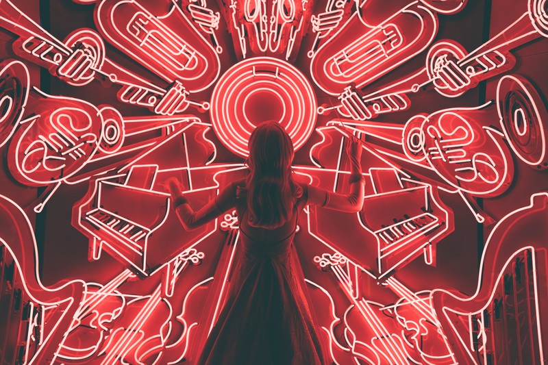 women, neon, neon lights, red, piano, saxophones, trumpets, violin, harp, cello, dress, Jazz