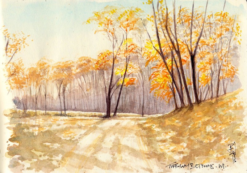 artwork, watercolor, traditional art, trees, nature, landscape, fall