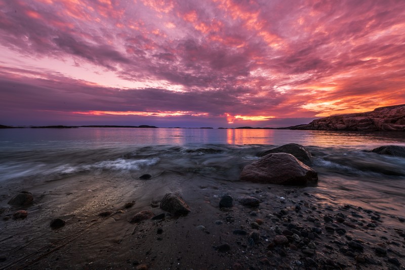 water, coast, purple sky, sea, lagoon, rocks, sunrise