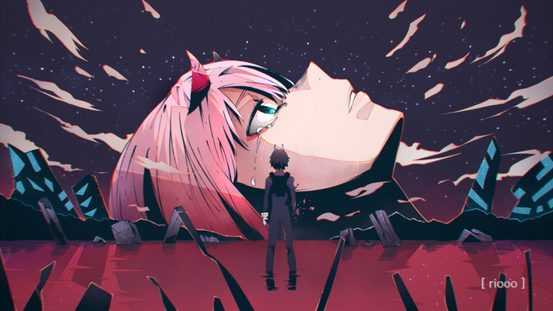 Darling in the FranXX, Code:016 (Hiro), Zero Two (Darling in the FranXX), Code:002, crossover, 2D, red sea, horns, anime girls, anime boys, crying, green eyes, pink hair, black hair, plugsuit, night, fan art