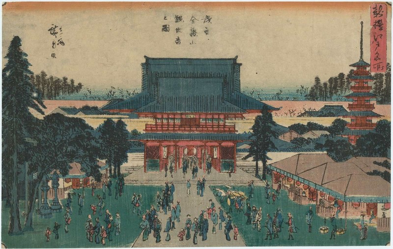 artwork, watercolor, traditional art, China, Asian architecture, tower, pagoda, people, trees, crowds, Chinese, building