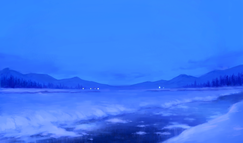 artwork, mountains, river, snow, blue