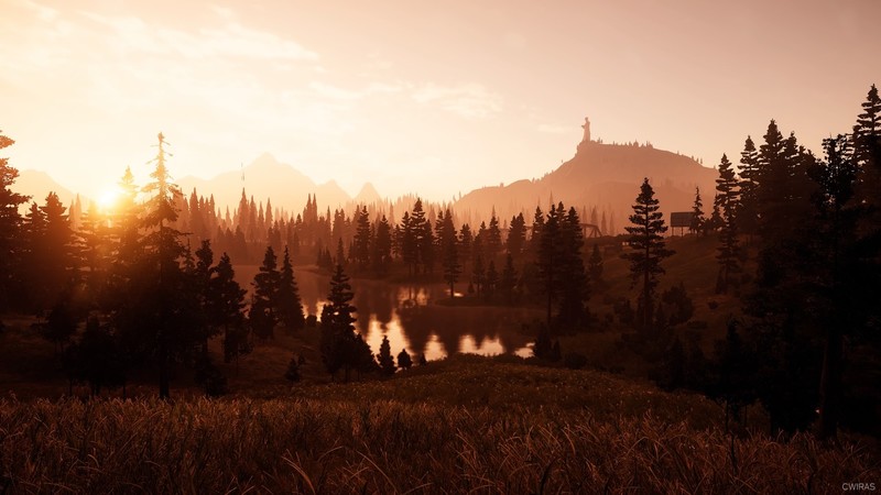 PlayStation, Far Cry, Far Cry 5, sunset, water, forest, mountains, video games, screen shot, nature, game art, landscape, 2018 (Year)