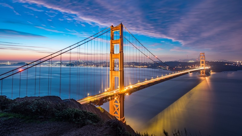 bridge, Golden Gate Bridge, San Francisco, city lights, sea, long exposure