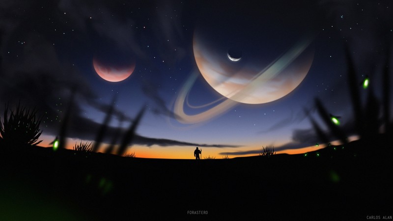 Carlos Alan, space art, sky, planet, artwork, planetary rings
