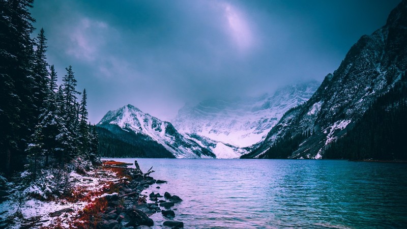 mountains, lake, snow, water, Canada